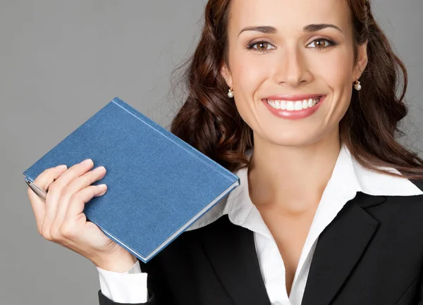 Portrait Happy Smiling Thinking Business Woman Blue Notepad Organizer Gray — Stock Photo, Image