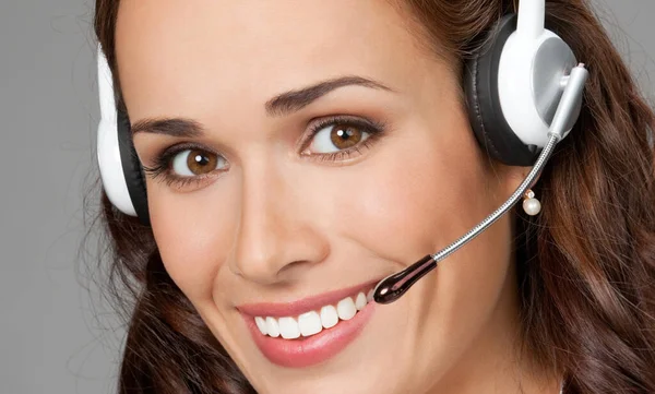 Retrato Feliz Sonriente Operador Teléfono Atención Cliente Alegre Auriculares Sobre —  Fotos de Stock