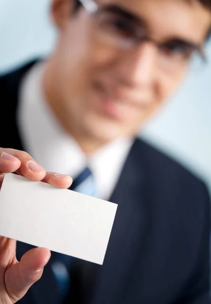 Happy Smiling Businessman Showing Blank Business Card Office Focus Hand — Stock Photo, Image