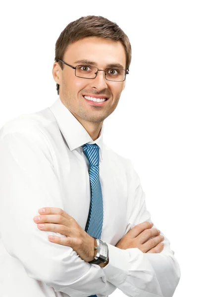 Portret Szczęśliwy Uśmiechający Się Młody Biznes Człowiek Okularach Białym Tle — Zdjęcie stockowe