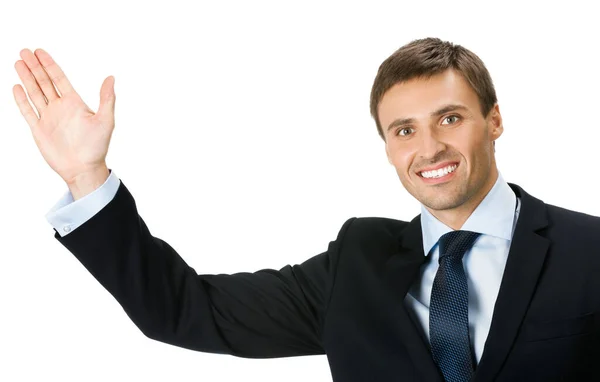 Happy Smiling Young Business Man Showing Blank Area Sign Copyspase — Stock Photo, Image