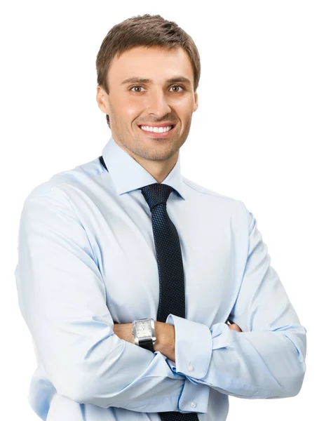Portret Van Gelukkig Lachend Jonge Business Man Geïsoleerd Witte Achtergrond — Stockfoto