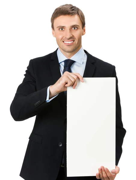 Feliz Sorridente Jovem Homem Negócios Mostrando Tabuleta Branco Isolado Sobre — Fotografia de Stock