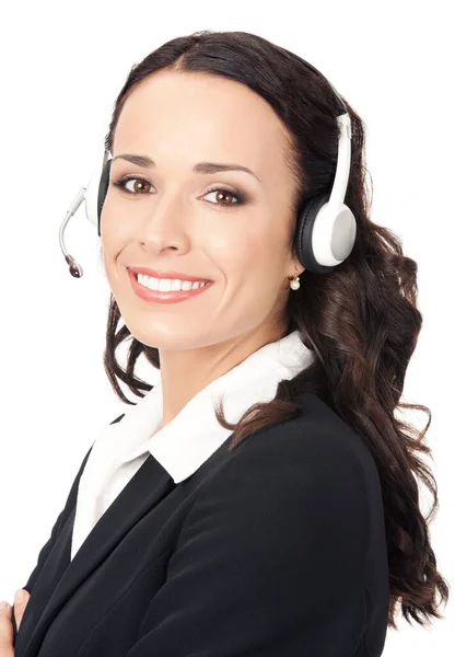 Portret Van Gelukkig Lachend Vrolijke Mooie Jonge Ondersteuning Telefoon Operator — Stockfoto
