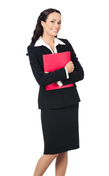红色文件夹中 在白色的背景被隔绝的幸福微笑业务女人的全身画像 — 图库照片