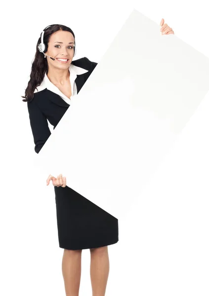 若いビジネス女性表示空白看板 白い背景で隔離の微笑の完全なボディ — ストック写真