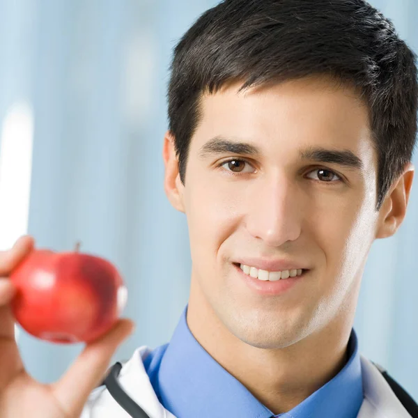 Portrait Happy Smiling Cheerful Young Doctor Apple Office — Stock Photo, Image