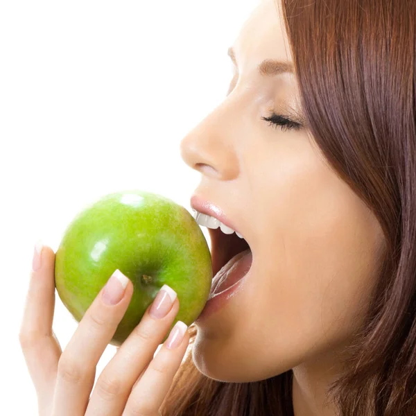 Glada Vacker Kvinna Äta Äpple Isolerade Över Vit Bakgrund — Stockfoto