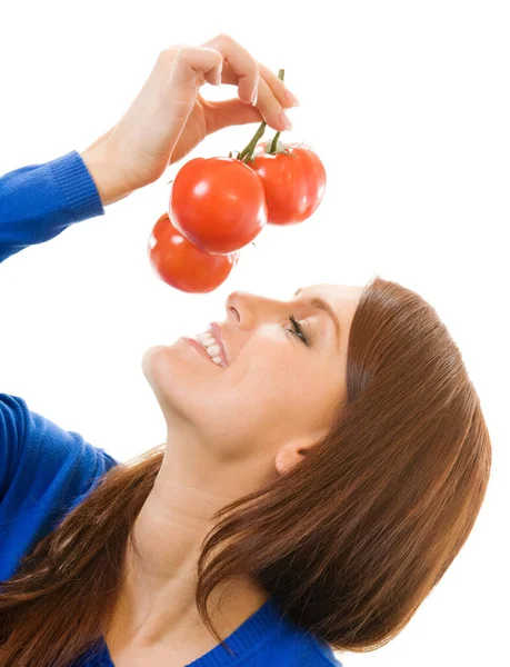 快活的女人 用蕃茄 孤立在白色背景 — 图库照片