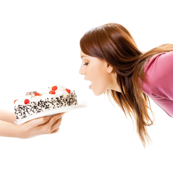 Mulher Alegre Comer Torta Isolado Sobre Fundo Branco — Fotografia de Stock