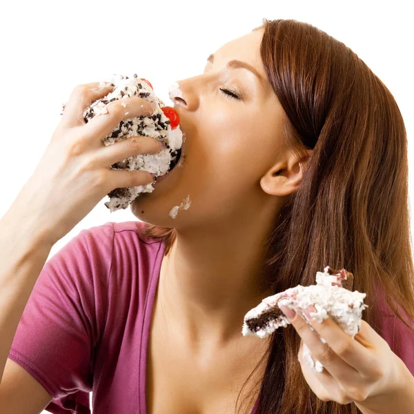 白い背景で隔離のパイを食べて元気な女性 — ストック写真