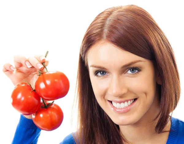 Vrolijke Vrouw Met Tomaten Geïsoleerd Witte Achtergrond — Stockfoto