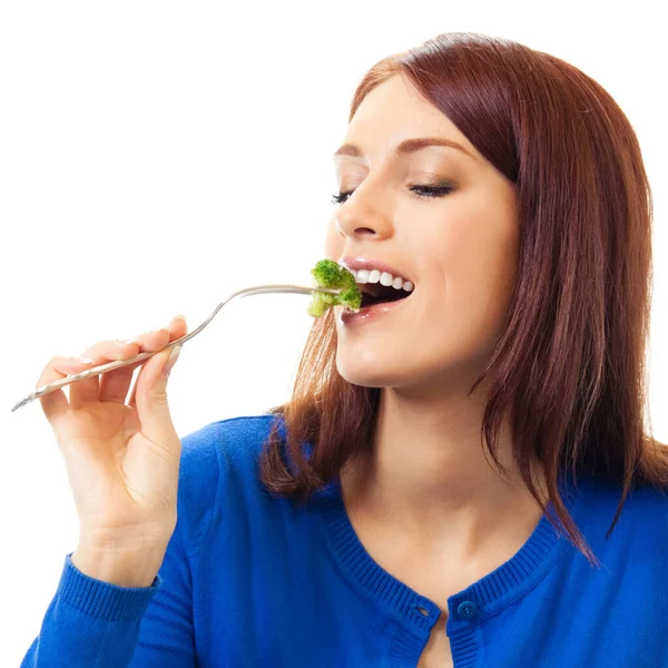 Portrait Cheerful Woman Eating Broccoli Isolated White Background — Stock Photo, Image