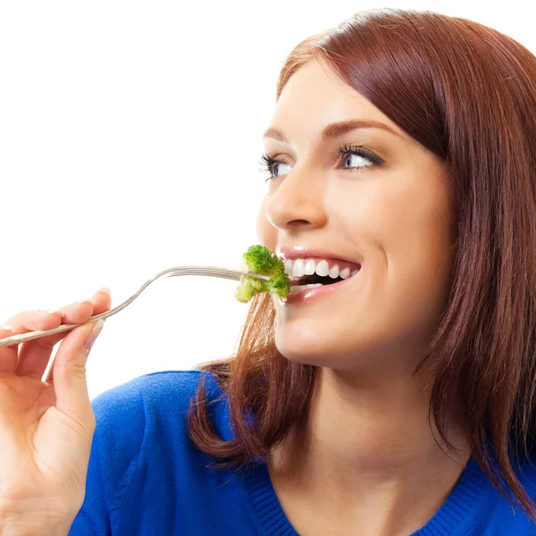 Portret Van Vrolijke Vrouw Eten Broccoli Geïsoleerd Witte Achtergrond — Stockfoto