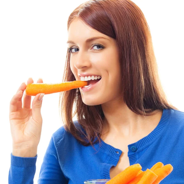 Retrato Mujer Alegre Comiendo Zanahorias Aislado Sobre Fondo Blanco — Foto de Stock