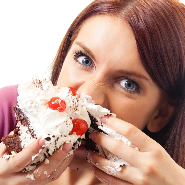 Wesoły Kobieta Jedzenie Tortu Białym Tle Nad Białym — Zdjęcie stockowe