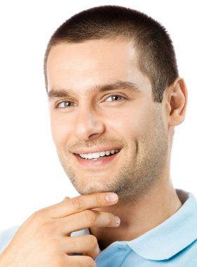 neşeli düşünme genç adam, beyaz arka plan üzerinde izole