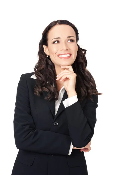 Glücklich Lächelnd Denkende Oder Planende Junge Geschäftsfrau Isoliert Auf Weißem — Stockfoto