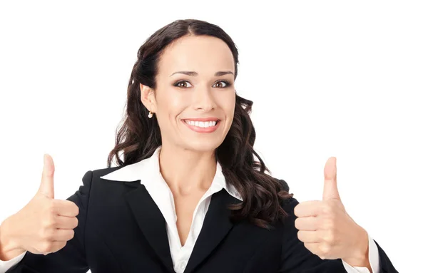 幸せな笑みを浮かべてビジネス女性ジェスチャ 白い背景で隔離の親指を表示 — ストック写真