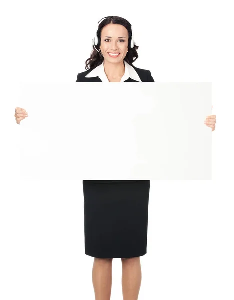 笑的年轻商业女人显示空白的招牌 孤立在白色背景的充分的身体 — 图库照片