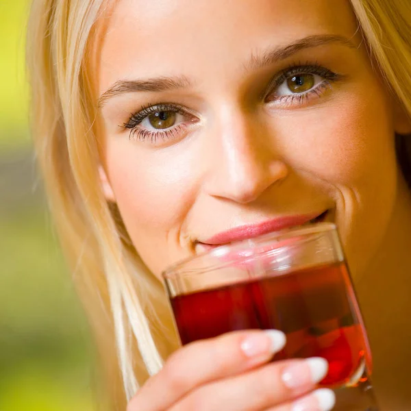Portrait Happy Smiling Young Beautiful Blond Woman Drinking Garnet Juice — Stock Photo, Image