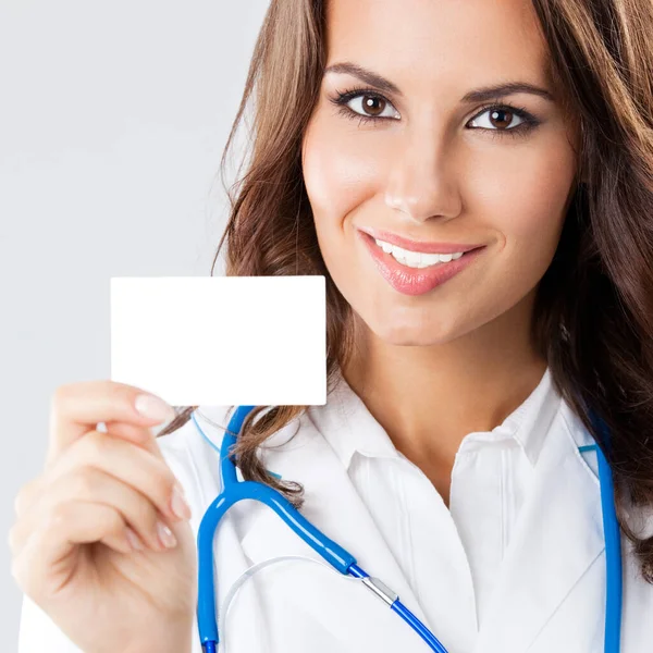 Portrait Happy Smiling Young Female Doctor Showing Blank Business Card — Stock Photo, Image