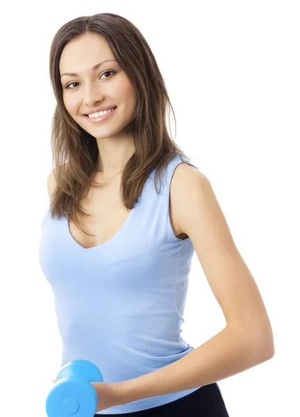 年轻快乐微笑的女人在运动服 做健身运动哑铃 孤立在白色背景 — 图库照片