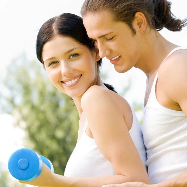 Cheerful Young Smiling Couple Dumbbells Outdoor Fitness Workout Royalty Free Stock Photos