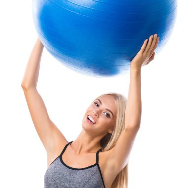 Spor giyimli, spor giyinmiş, beyaz arka planda izole edilmiş neşeli, sarışın bir kadın. Fitness, egzersiz ve spor konsepti.