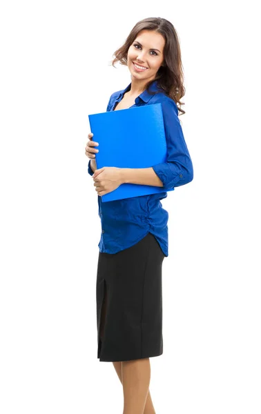 蓝色文件夹 孤立在白色背景的幸福微笑业务女人全身画像 — 图库照片