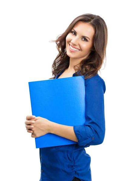 Retrato Jovem Feliz Sorridente Mulher Negócios Com Pasta Azul Isolado — Fotografia de Stock