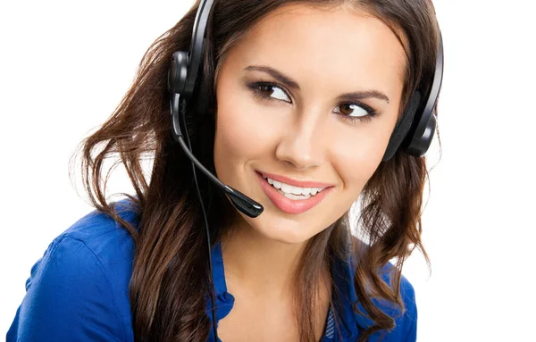 Portret Van Gelukkig Lachend Vrolijke Mooie Jonge Ondersteuning Telefoon Operator — Stockfoto