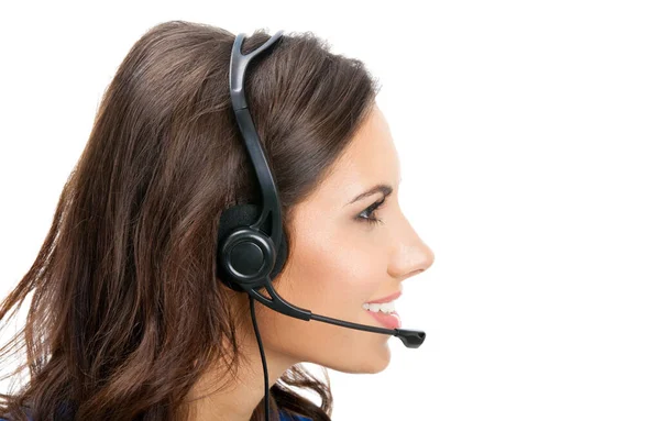 Portrait Happy Smiling Cheerful Beautiful Young Support Phone Operator Headset — Stock Photo, Image