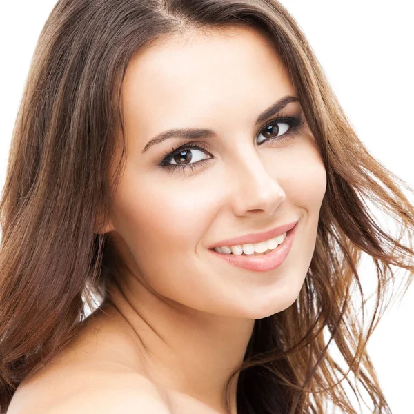 Retrato Bela Jovem Feliz Sorrindo Mulher Isolado Sobre Fundo Branco — Fotografia de Stock