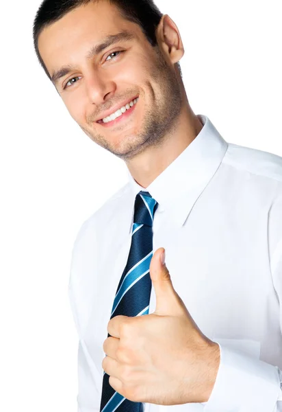 Ευτυχισμένος Χαμογελαστός Άνθρωπος Χαρούμενα Επιχειρήσεων Μπράβο Χειρονομία Απομονωθεί Λευκό Φόντο — Φωτογραφία Αρχείου