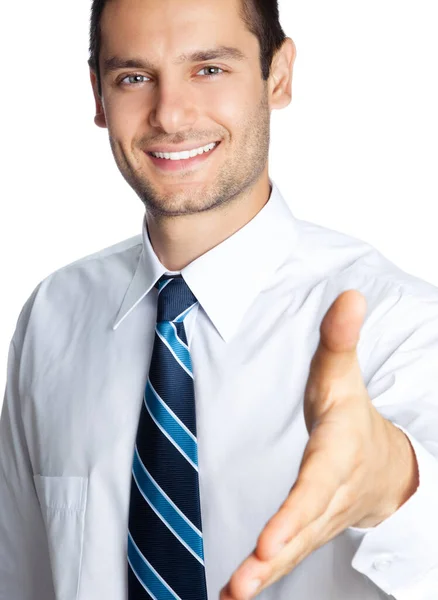 Happy Smiling Business Man Giving Hand Handshake Isolated White Background — Stock Photo, Image