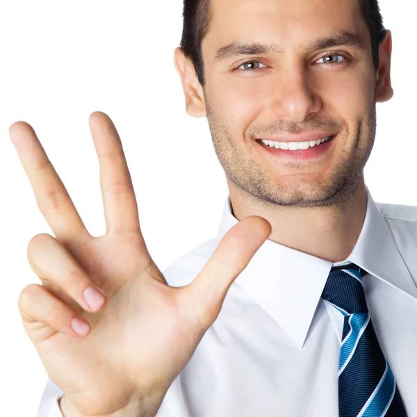 Πορτρέτο Του Ευτυχής Χαμογελαστοί Επιχειρηματίας Δείχνει Τρία Δάχτυλα Απομονωθεί Λευκό — Φωτογραφία Αρχείου