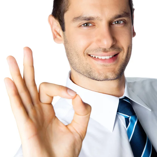 Happy Smiling Cheerful Business Man Okay Gesture Isolated White Background — Stock Photo, Image
