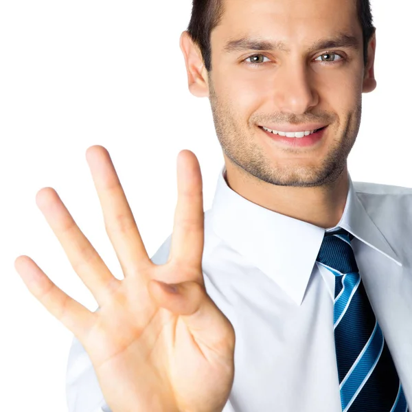 Porträt Eines Glücklich Lächelnden Geschäftsmannes Der Vier Finger Zeigt Isoliert — Stockfoto