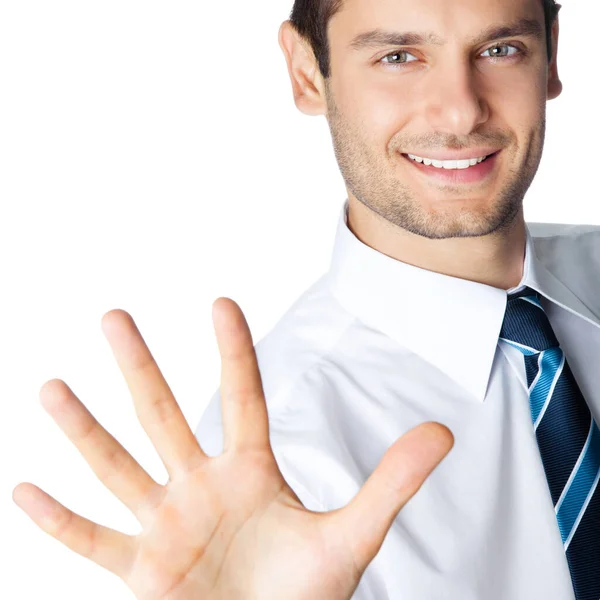 显示五个手指 在白色的背景被隔绝的幸福微笑着商人的肖像 — 图库照片