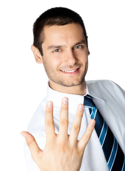 Πορτρέτο Του Ευτυχής Χαμογελαστοί Επιχειρηματίας Δείχνει Πέντε Δάχτυλα Απομονωθεί Λευκό — Φωτογραφία Αρχείου