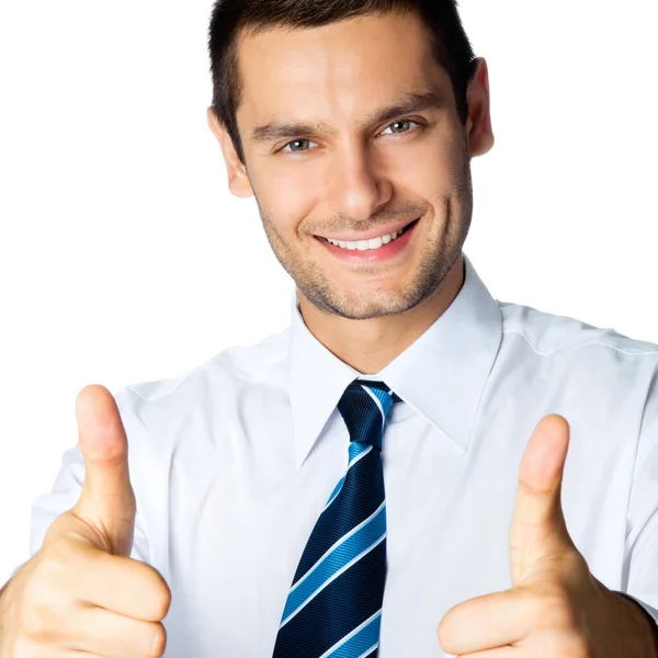 ジェスチャでは 白い背景で隔離の親指と満足の笑みを浮かべて陽気なビジネス男 — ストック写真