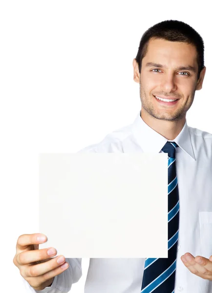 Glücklich Lächelnder Junger Geschäftsmann Zeigt Leeres Schild Isoliert Auf Weißem — Stockfoto