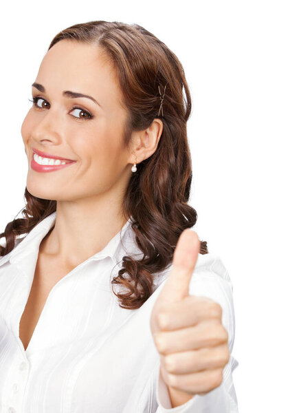 Happy smiling business woman with thumbs up gesture, isolated over white background