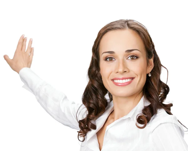 Feliz Joven Mujer Negocios Sonriente Mostrando Área Blanco Para Signo — Foto de Stock