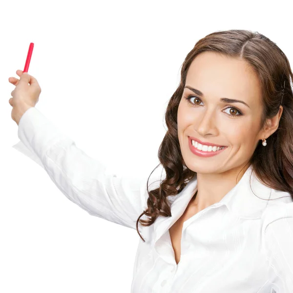 幸福微笑的年轻商业妇女显示为标志或 Copyspase 孤立在白色背景的空白区域 — 图库照片