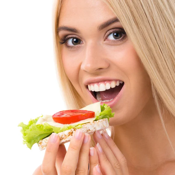 Жінка Спортивному Одязі Їсть Вегетаріанський Бутерброд Ізольована Білому Тлі Молода — стокове фото