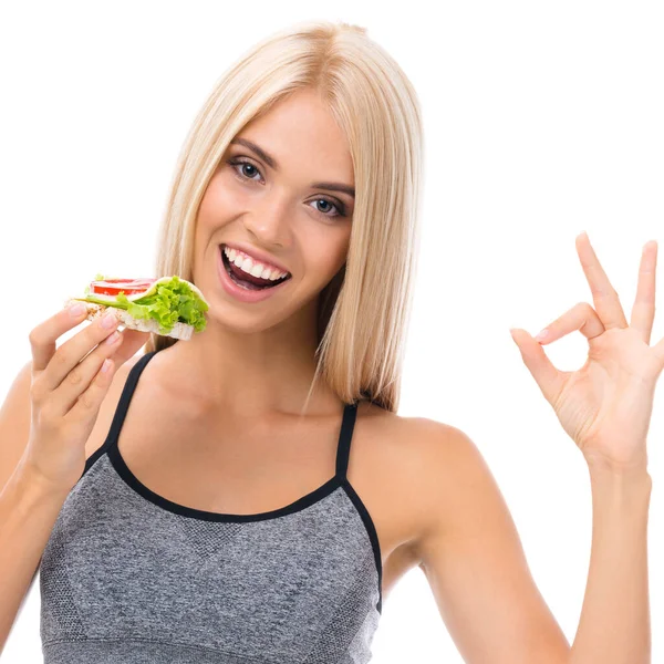 Woman Sportswear Vegetarian Sandwich Showing Okay Isolated White Background Young — Stock Photo, Image