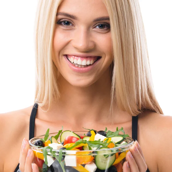 Woman Sportswear Plate Salad Isolated White Background Young Sporty Blond — Stock Photo, Image