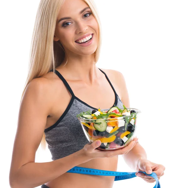 Frau Sportkleidung Mit Maßband Und Salat Isoliert Vor Weißem Hintergrund — Stockfoto